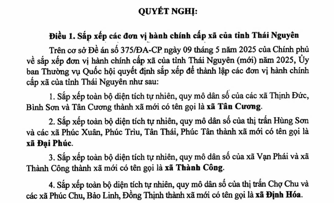 Danh sách 92 Xã Phường Tỉnh Thái Nguyên sau sáp nhập