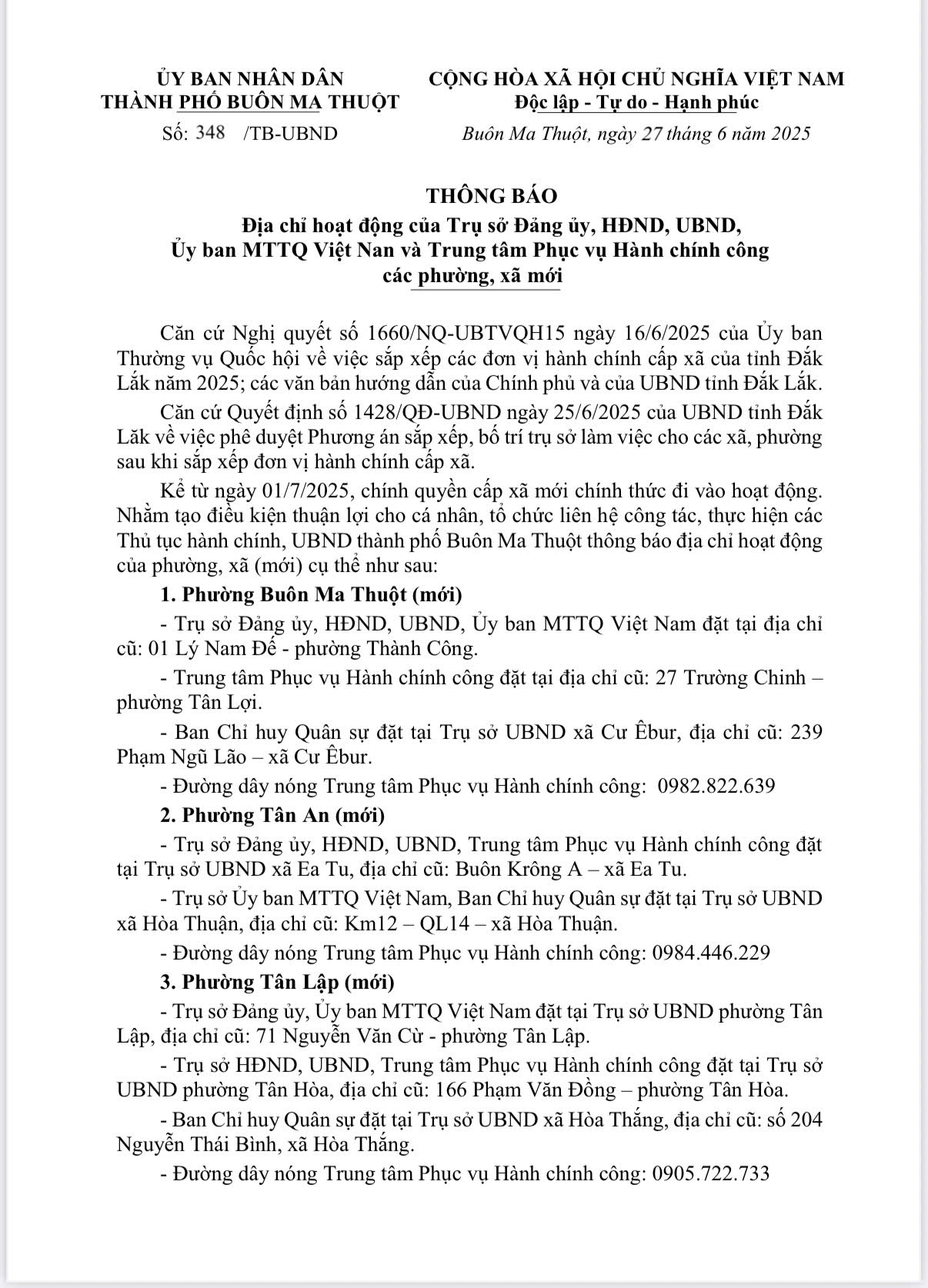 Địa chỉ Trung tâm Phục vụ hành chính công các xã Đắk Lắk