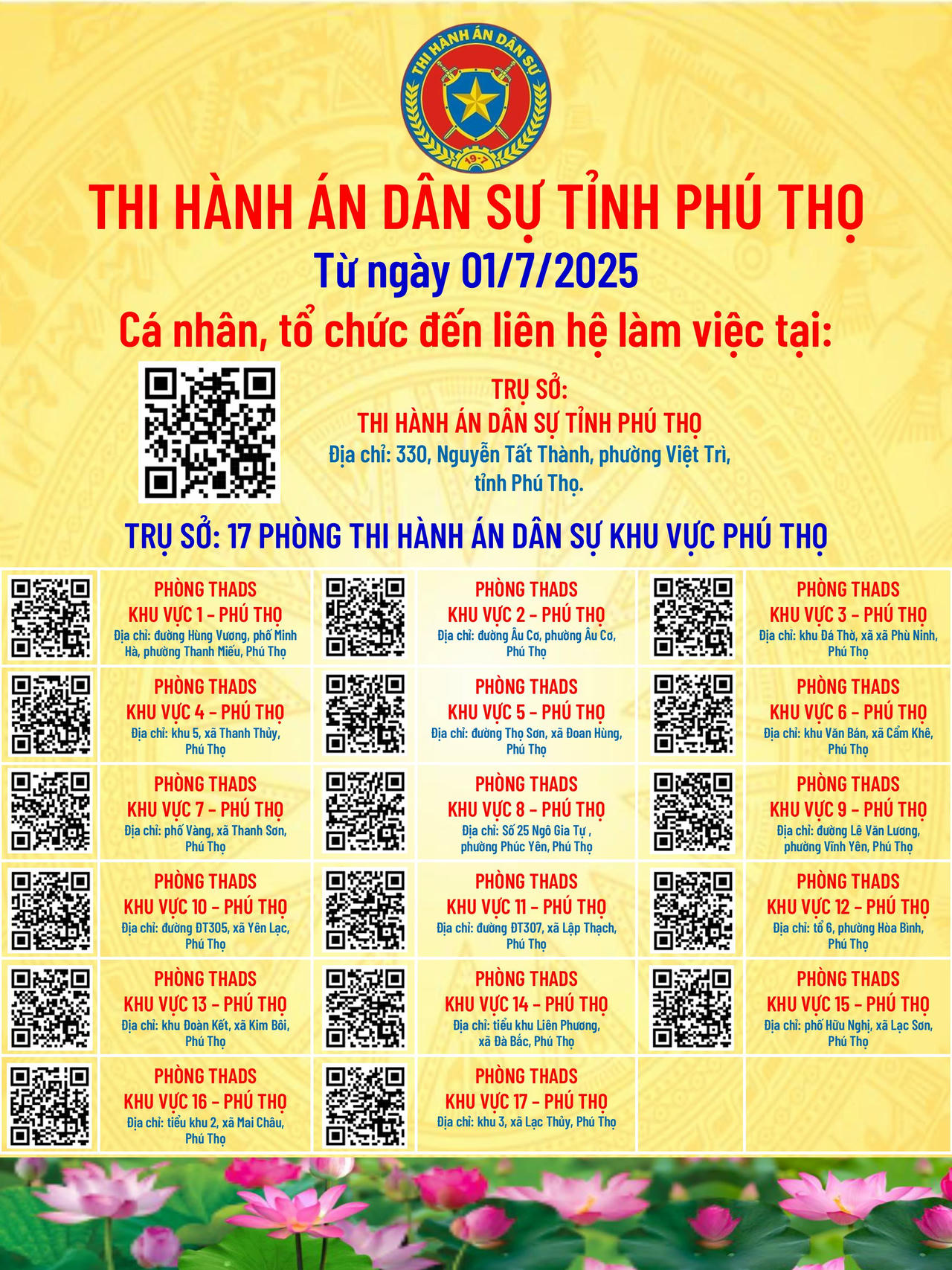 Địa chỉ 17 Phòng Thi hành án dân sự khu vực Phú Thọ sau sáp nhập 1/7/2025