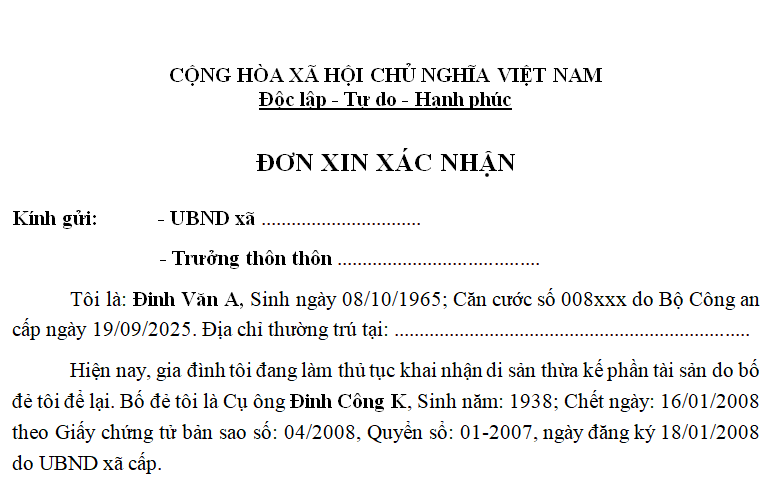 đơn xin xác nhận phần mộ
